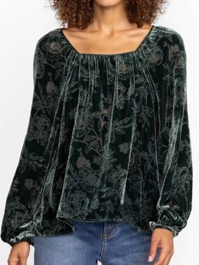 Johnny Was Jade Natalia Silk-Blend Peasant Blouse Velvet Burnout Square-Neck S/M